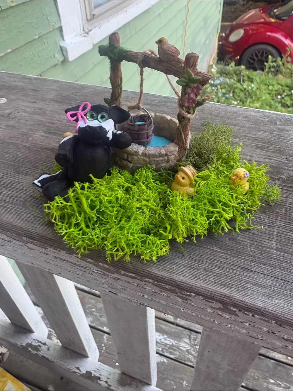 Miniature Fairy cow Garden Scene with Well and Figurines - Black Cow